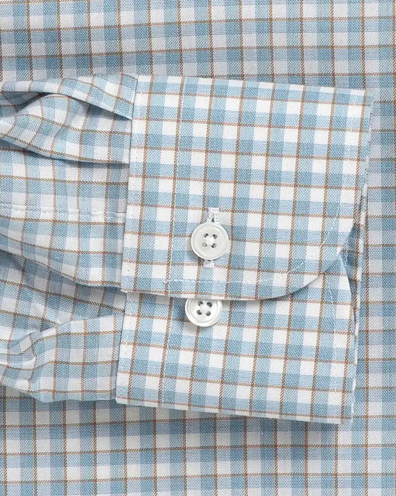 Sky blue Newhall check shirt sleeve detail - customizable lengths for perfect fit