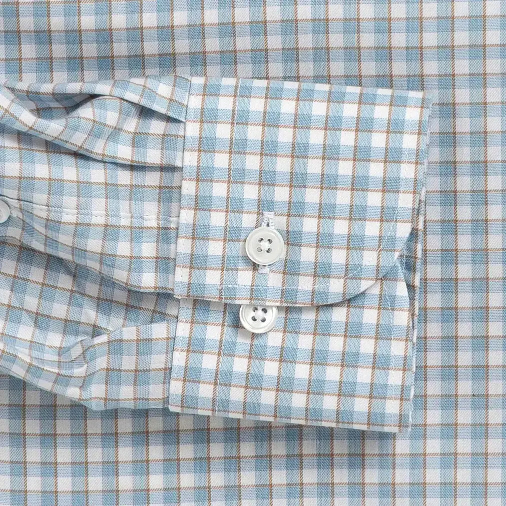 Sky blue Newhall check shirt sleeve detail - customizable lengths for perfect fit