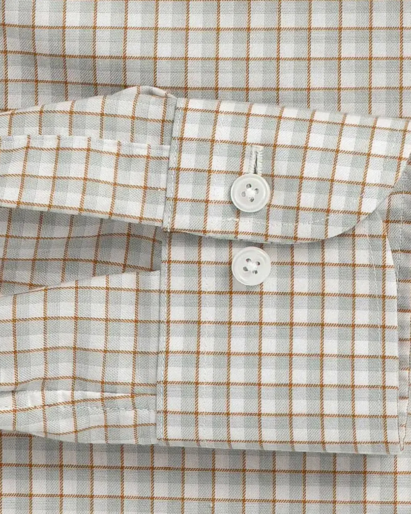 Light sage Newhall check shirt sleeve - precision construction with adjustable sizing