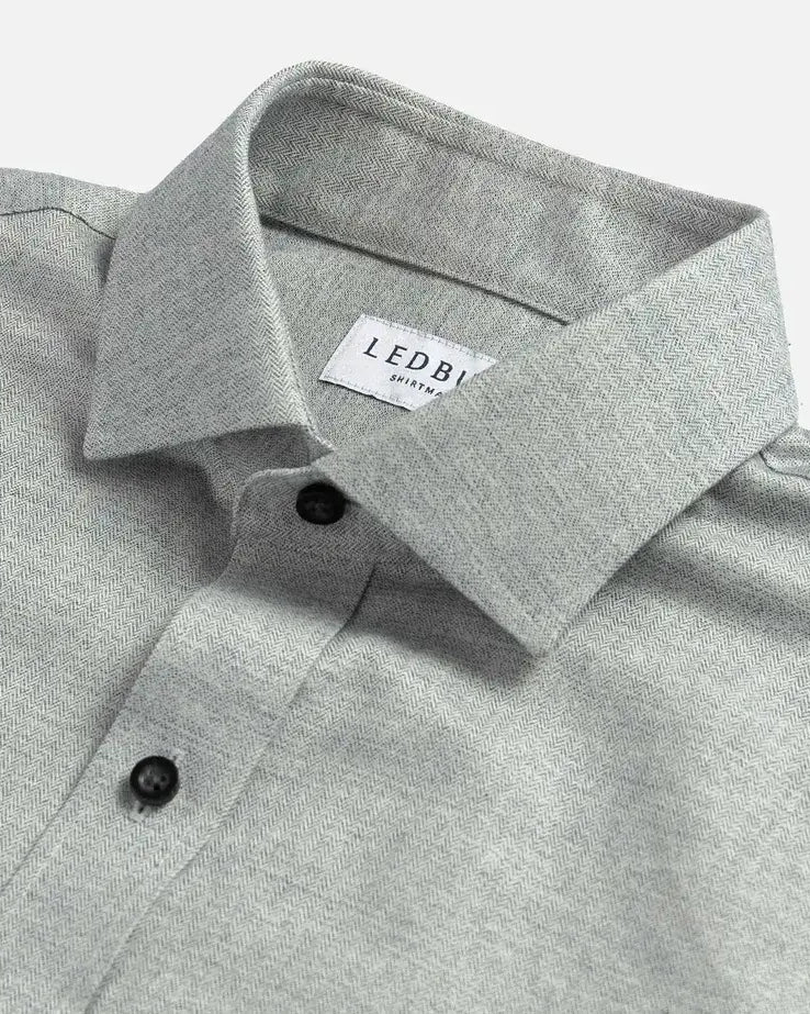 Grey herringbone heathered button down shirt collar detail