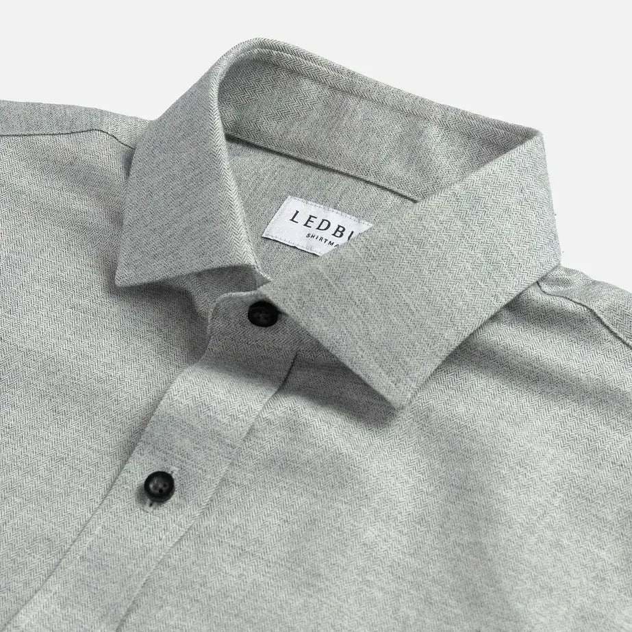 Grey herringbone heathered button down shirt collar detail