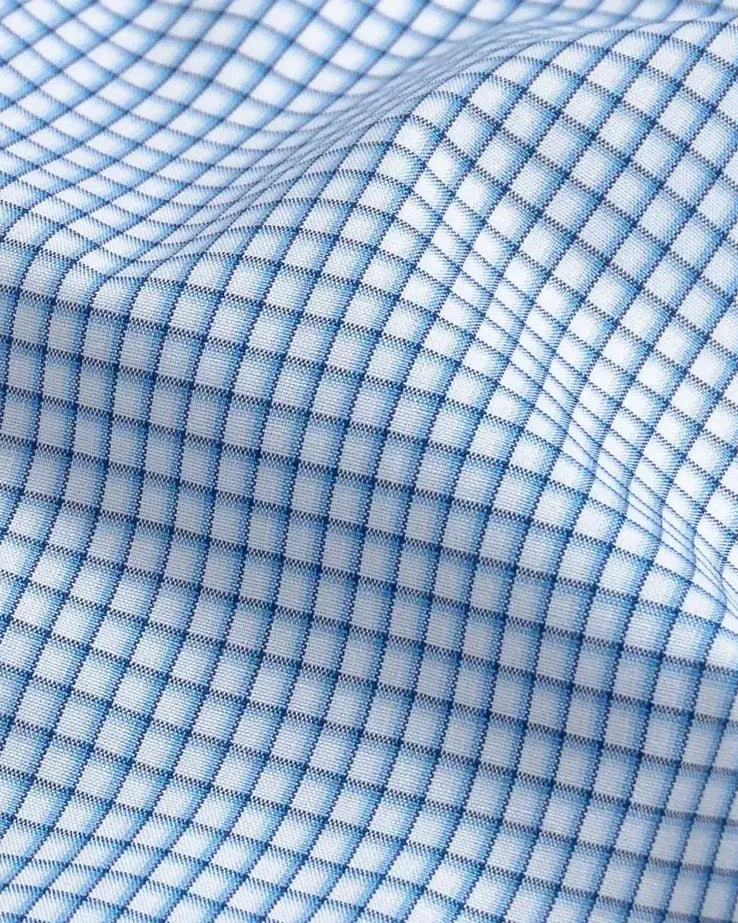 Custom dress shirt blue check pattern close-up detail