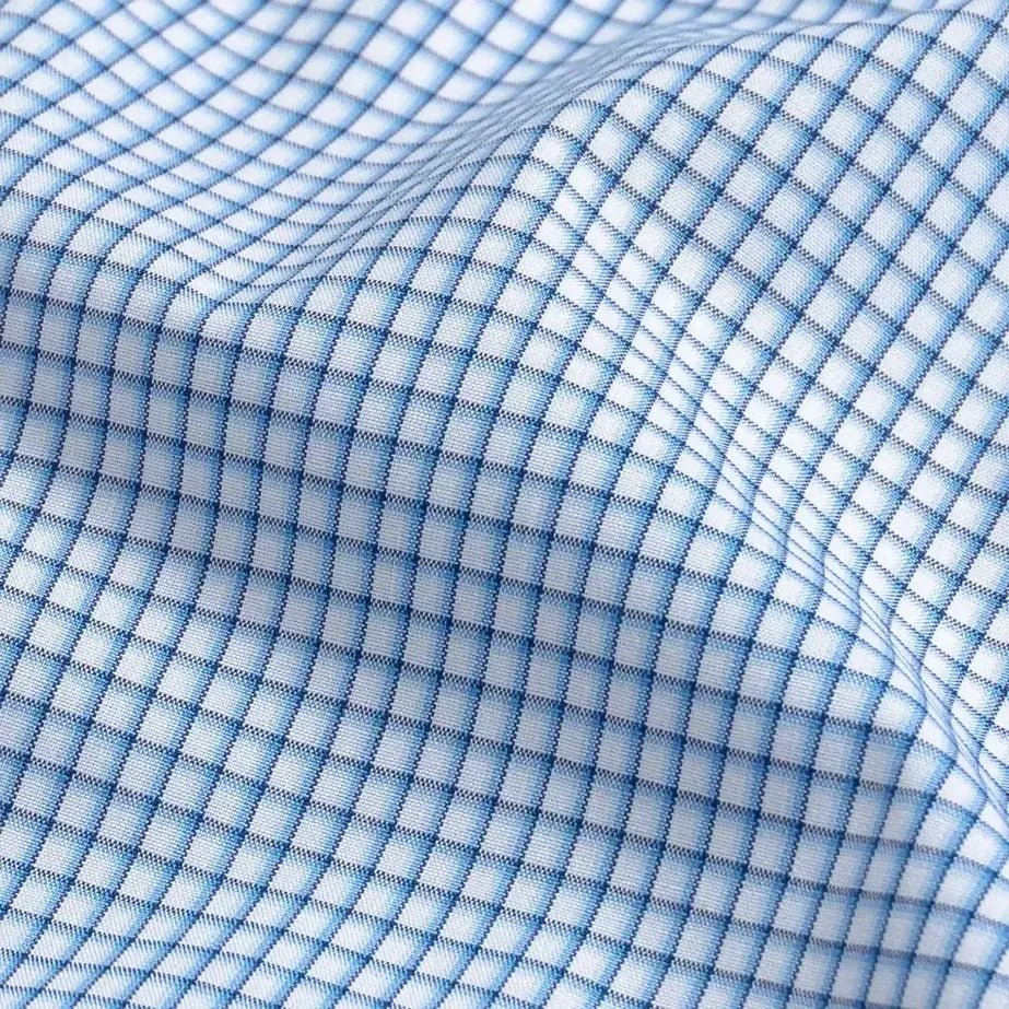 Custom dress shirt blue check pattern close-up detail