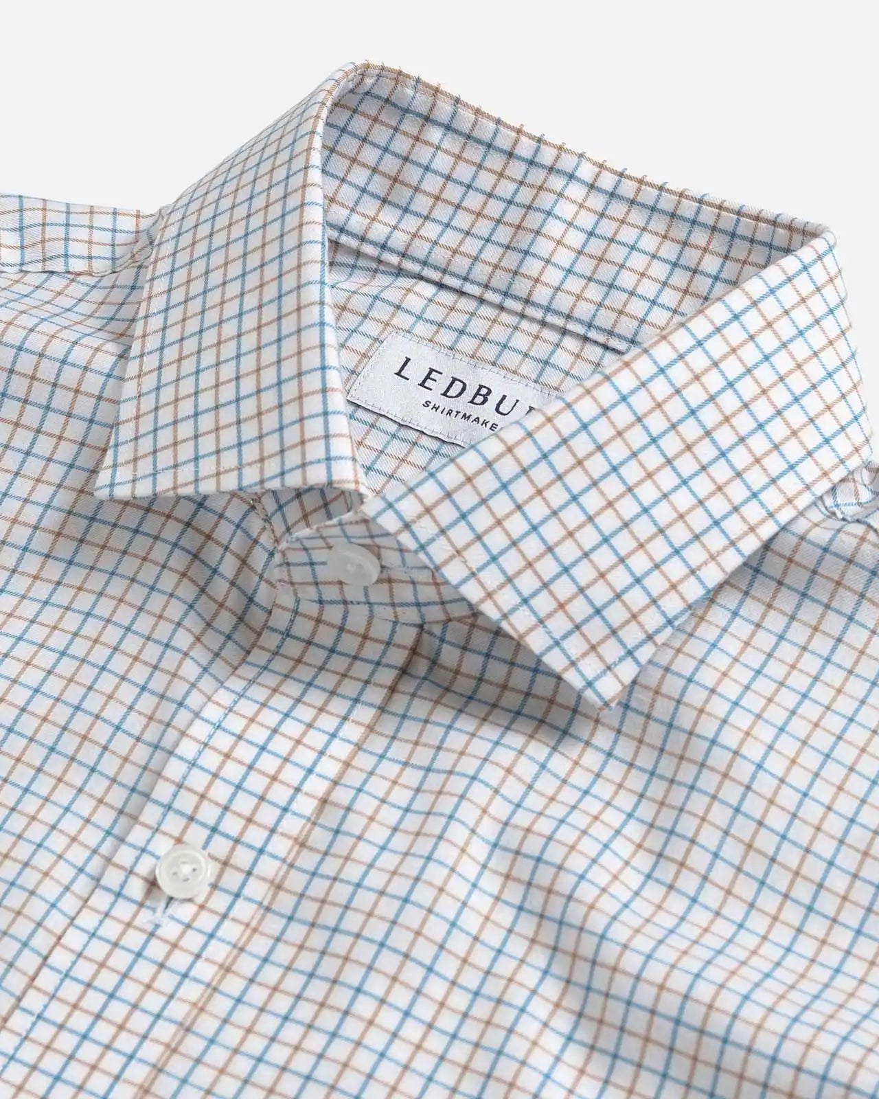 Blue Mabbett check shirt collar close-up - refined check pattern detail