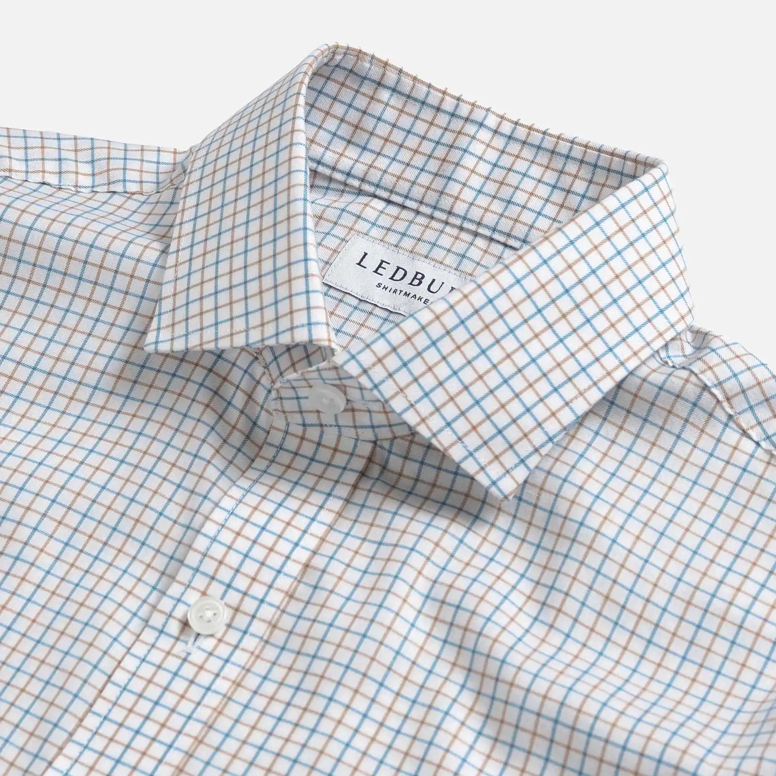 Blue Mabbett check shirt collar close-up - refined check pattern detail