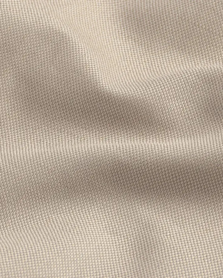 Close-up of 71% cotton 29% linen basket weave fabric on the Light Tan Shirt Jacket by Ledbury