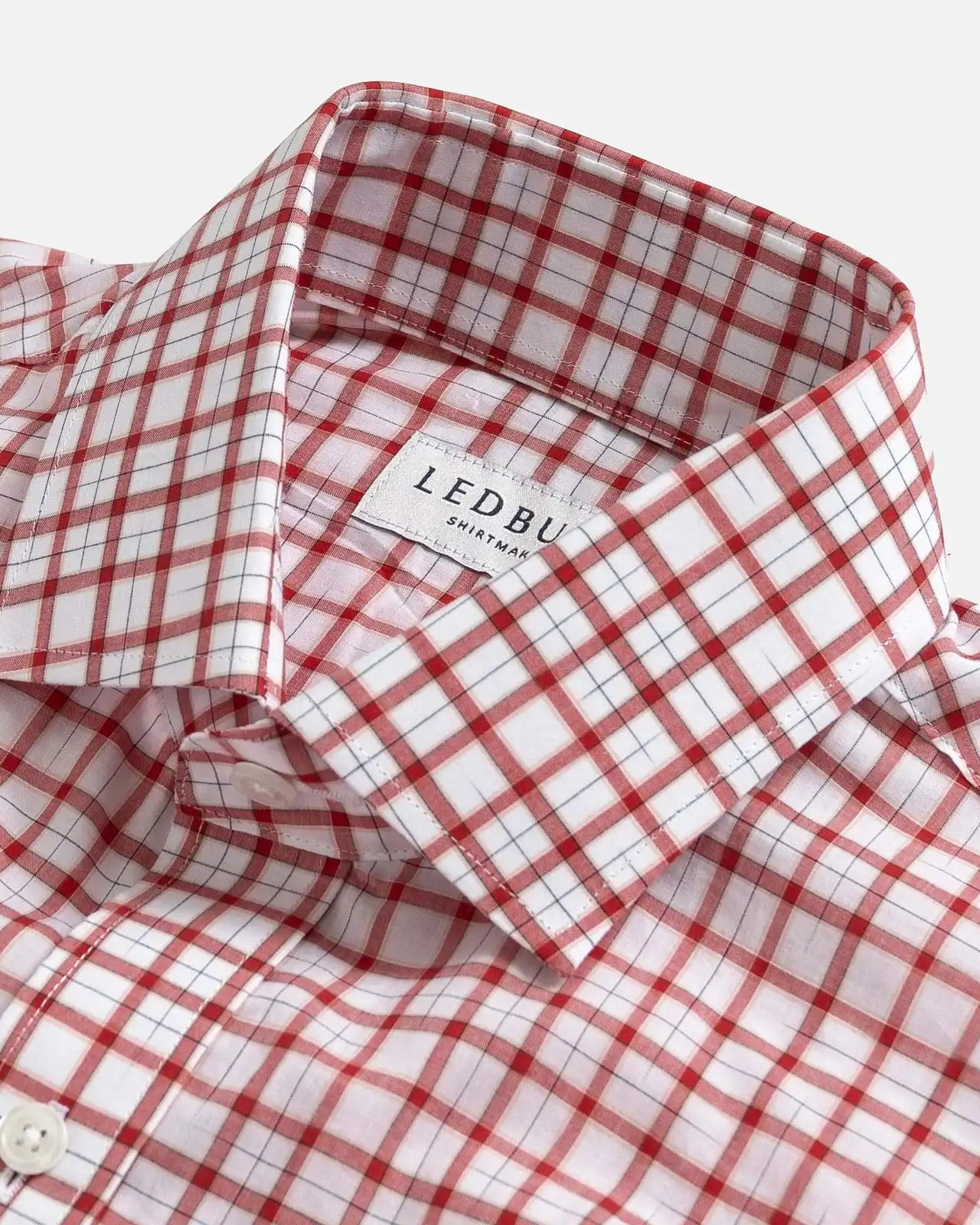 Ledbury Red Guyer Check Custom Shirt — semi spread collar detail on red tattersall check poplin