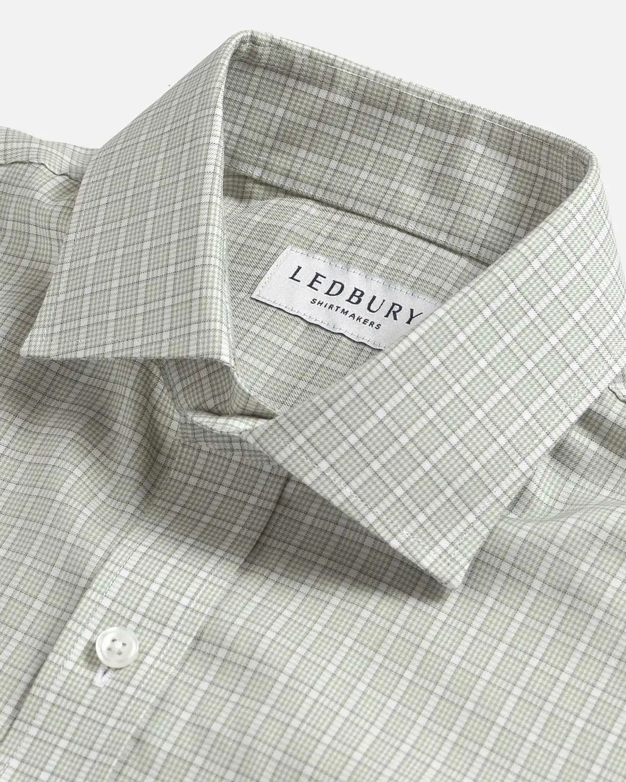 Light sage Baldwick Check shirt collar detail - semi spread quint collar close-up
