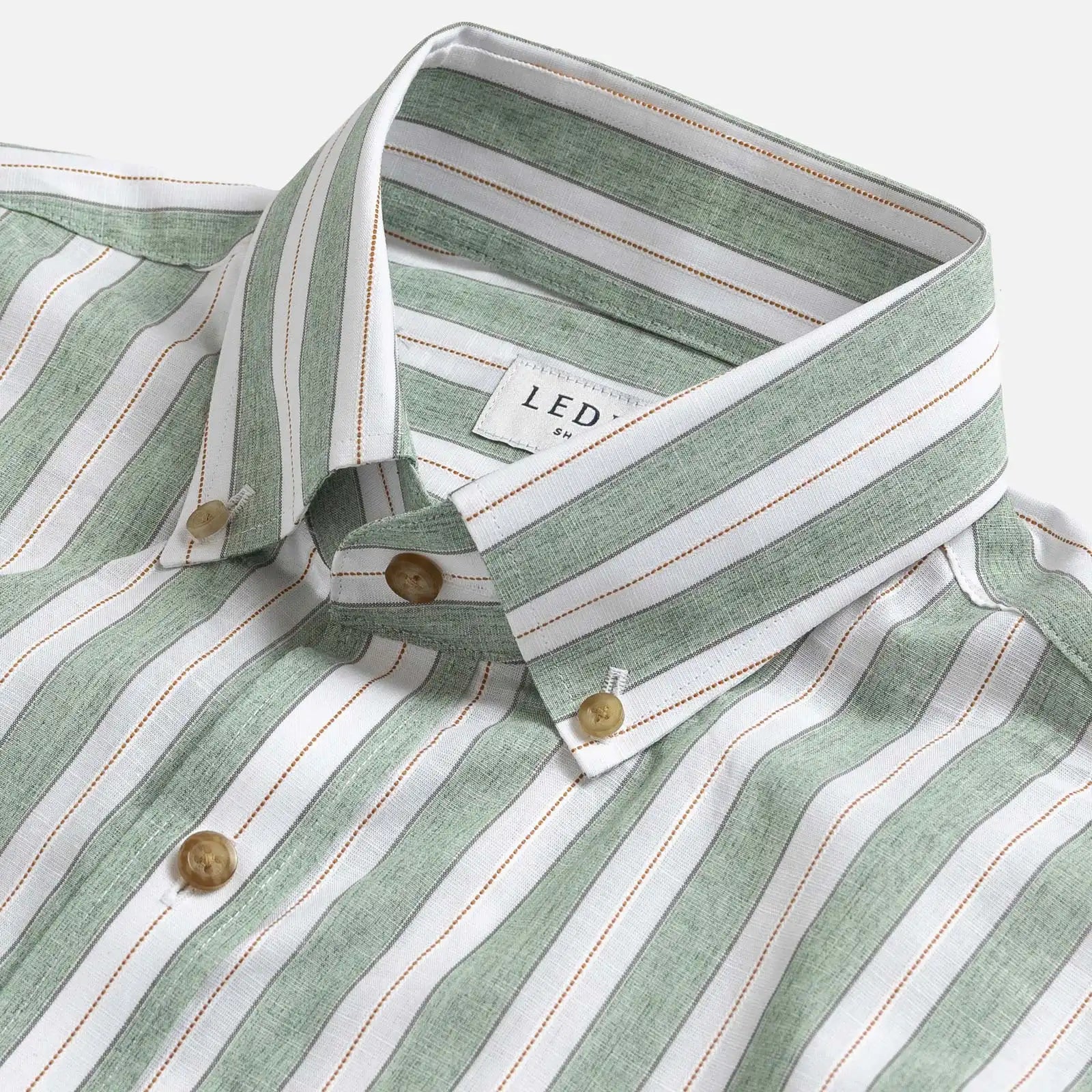 Green and White Stripe shirt collar detail - button-down collar close-up