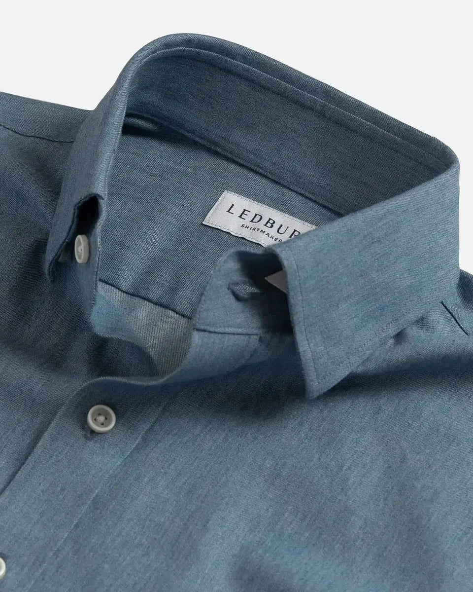 Hidden Button-Down collar detail on the Light Blue Cambell Chambray Utility — Ledbury