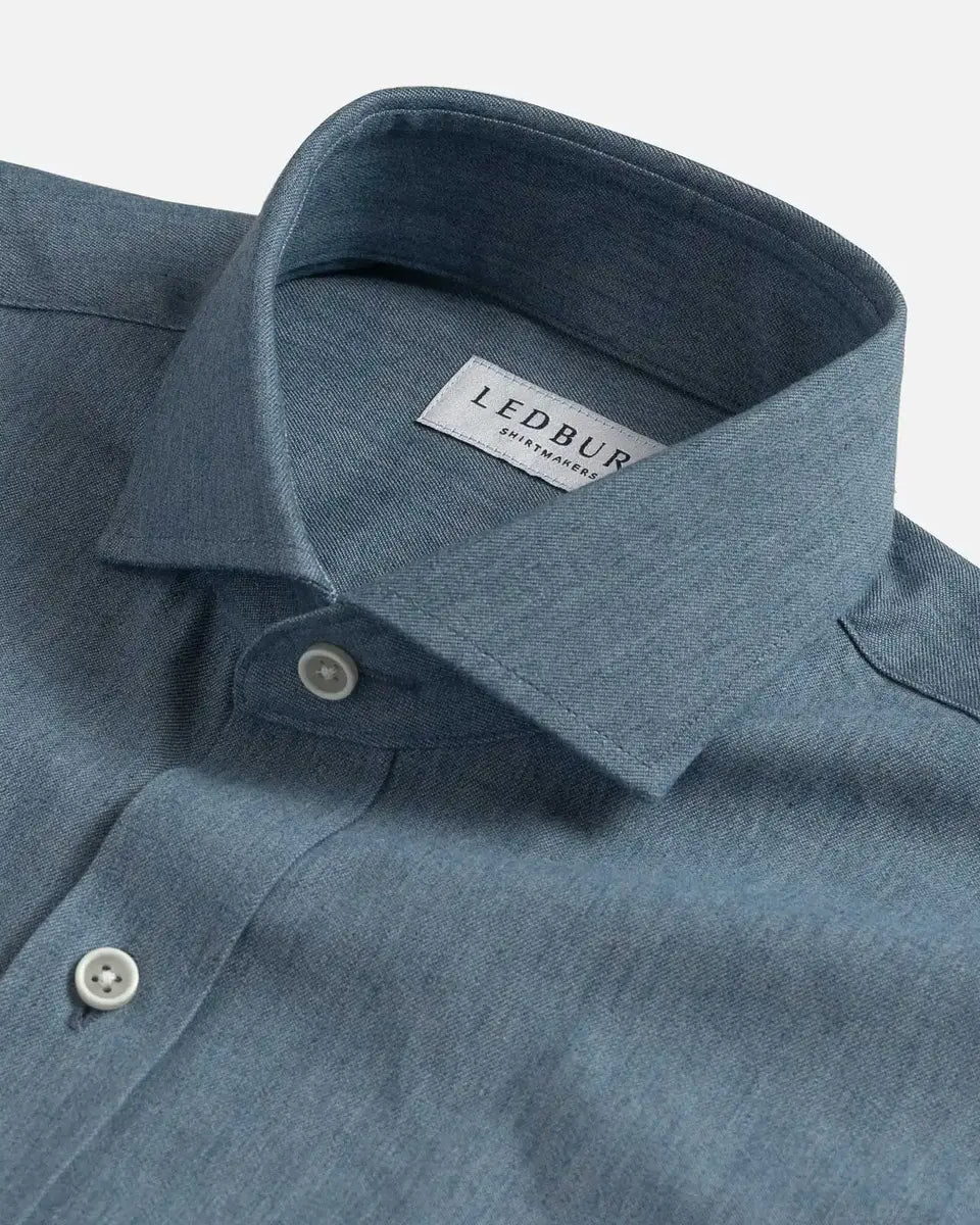 Semi Spread Alden collar detail on the Light Blue Cambell Chambray — Ledbury