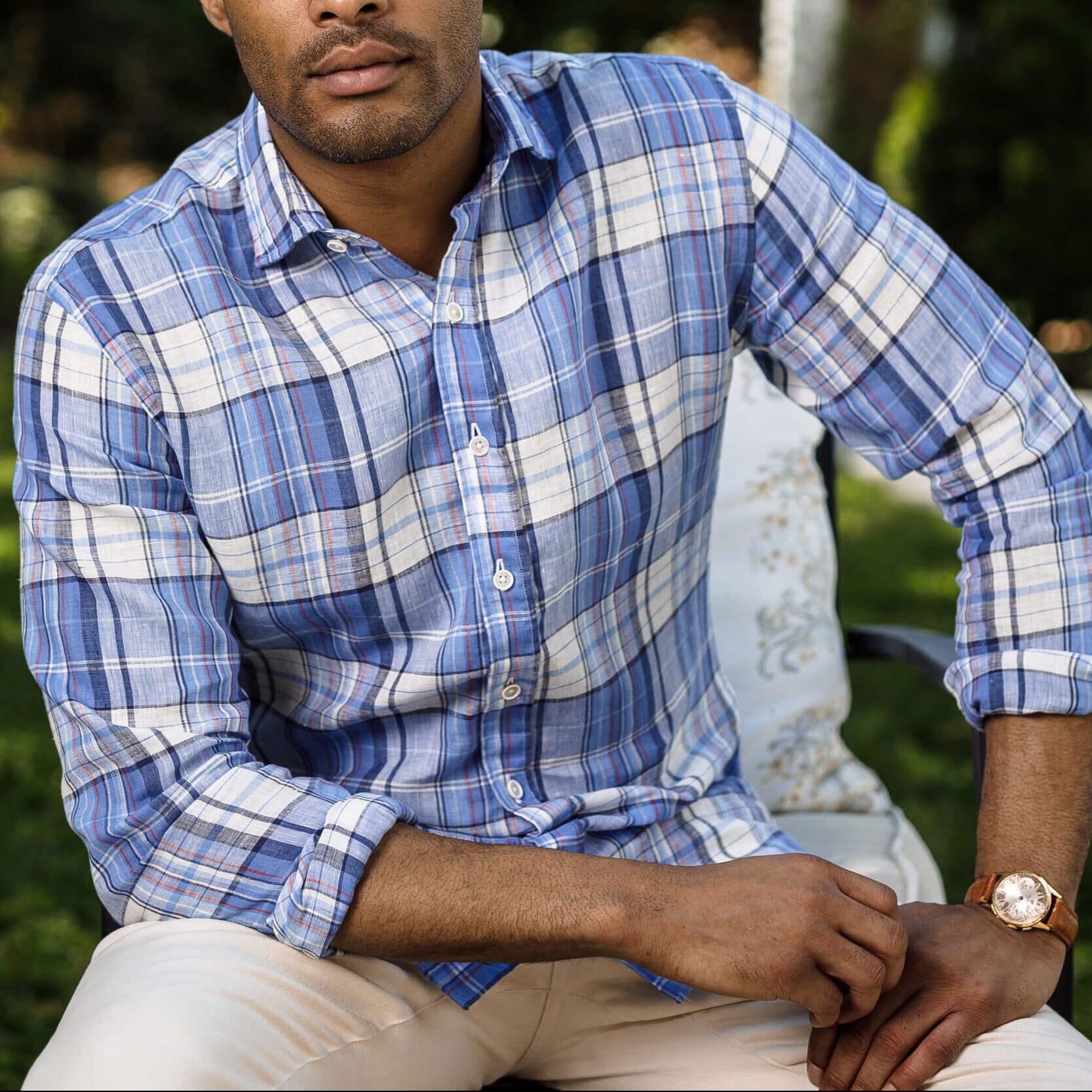 The Blue Lavoie Linen Plaid Custom Shirt Custom Casual Shirt- Ledbury