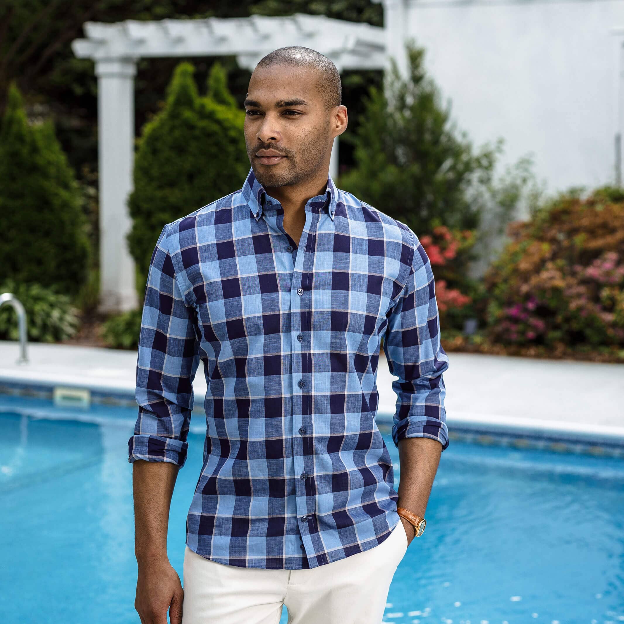 The Smoky Blue Albini Olson Plaid Custom Shirt Custom Casual Shirt- Ledbury