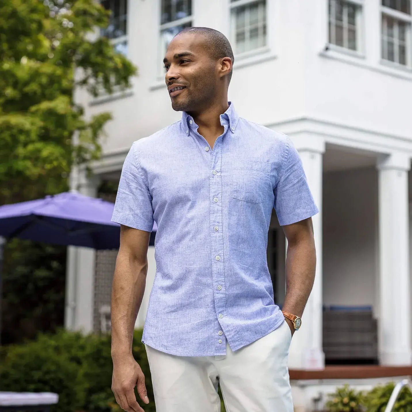 The Blue Short Sleeve Barretto Cotton Linen Custom Shirt Custom Short Sleeve Shirt- Ledbury