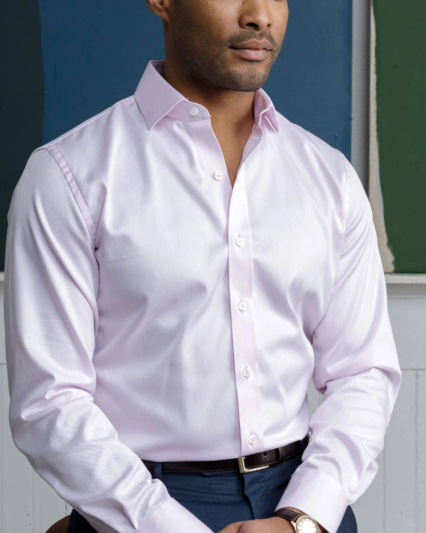 Man wearing pink dress shirt - non-iron custom fit business shirt