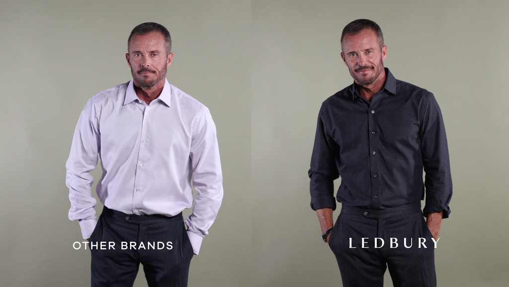 Side by side image of a model wearing a Ledbury shirt that fits well vs an ill fitting shirt