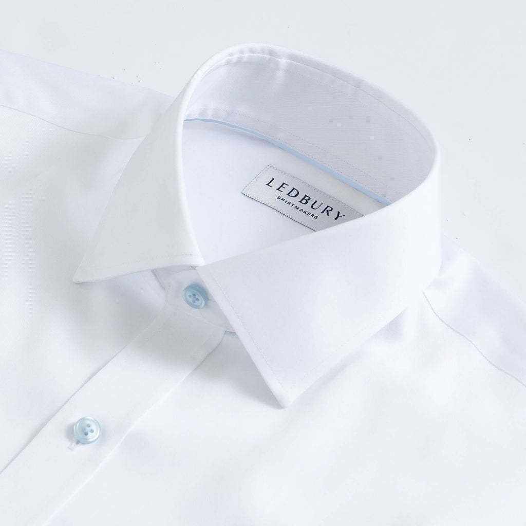 The White Madison Fine Twill with Light Blue Buttons Custom Shirt Custom Dress Shirt- Ledbury