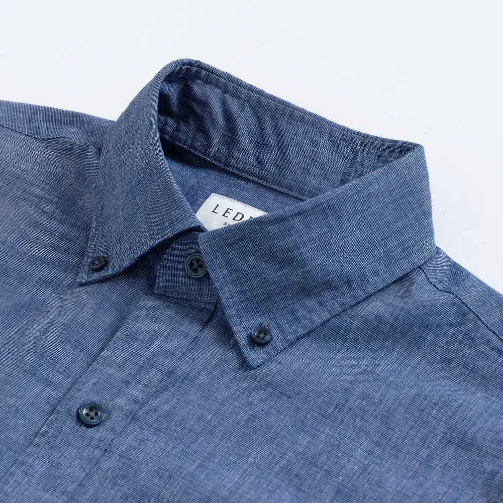 The Navy Short Sleeve Barretto Cotton Linen Custom Shirt Custom Short Sleeve Shirt- Ledbury