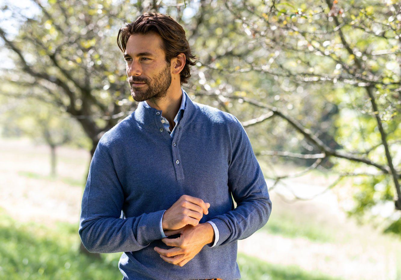 The Blue Heather Reymond Mock Henley Sweater- Ledbury