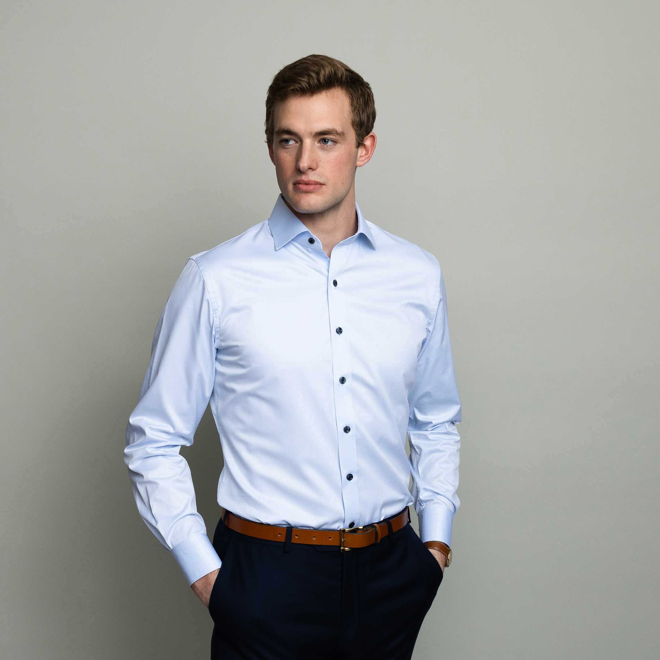 The Light Blue Adler Fine Twill with Navy Buttons Custom Shirt Custom Dress Shirt- Ledbury
