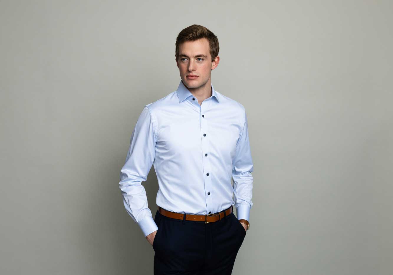 The Light Blue Adler Fine Twill with Navy Buttons Custom Shirt Custom Dress Shirt- Ledbury