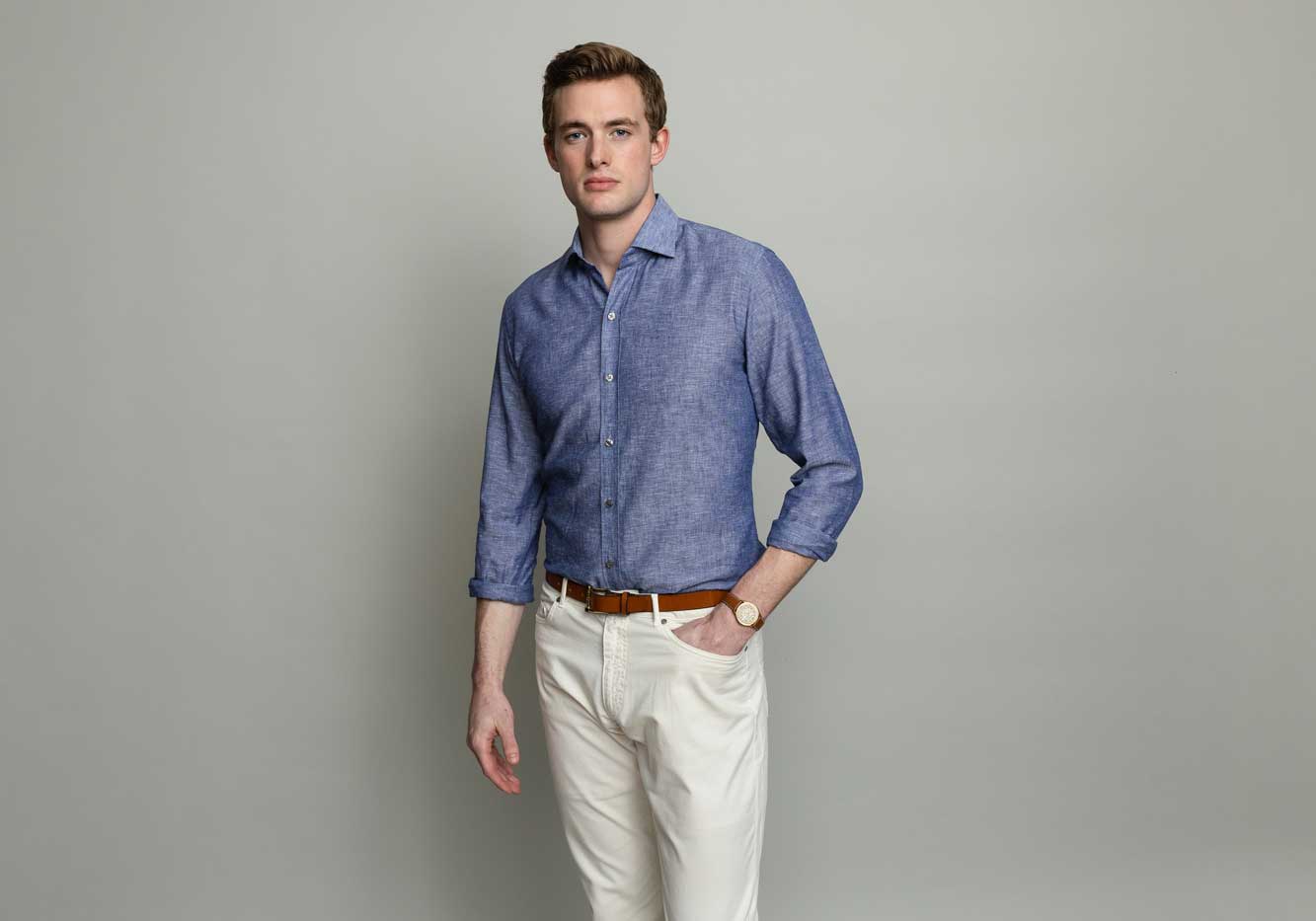 The Navy Barton Chambray Dress Shirt Dress Shirt- Ledbury