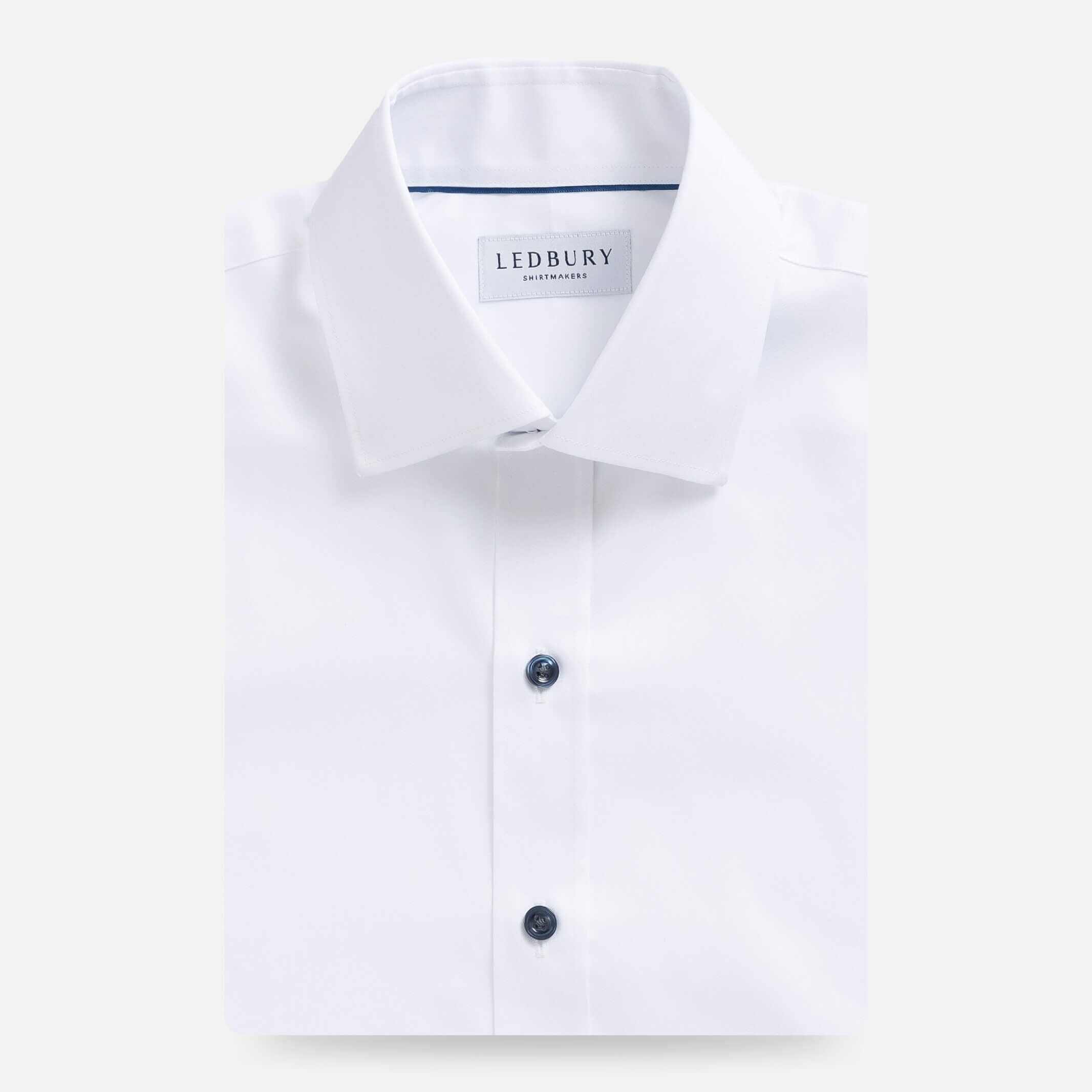 The White Madison Fine Twill with Navy Buttons Custom Shirt Custom Dress Shirt- Ledbury