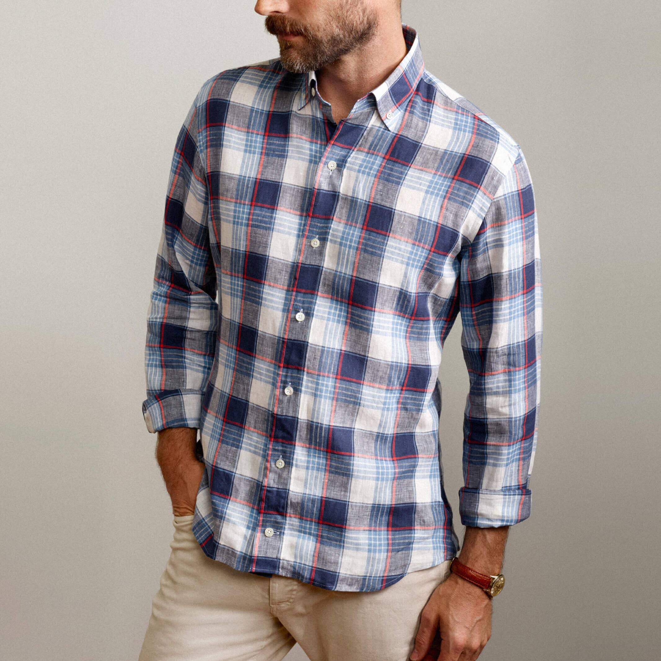 The Cadet Blue Okemo Plaid Linen Custom Shirt Custom Casual Shirt- Ledbury