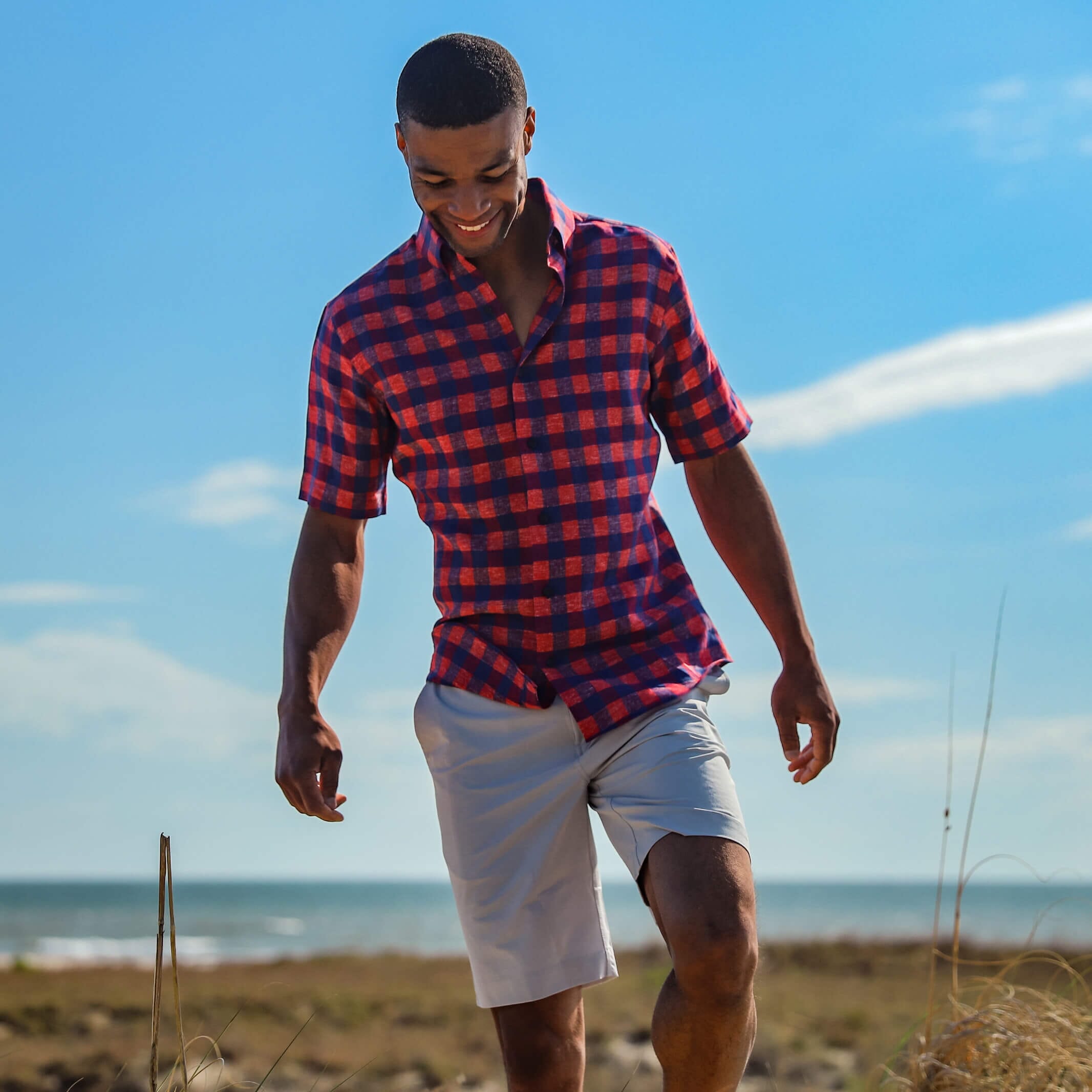 The Red Short Sleeve Frazier Linen Gingham Custom Shirt Custom Short Sleeve Shirt- Ledbury