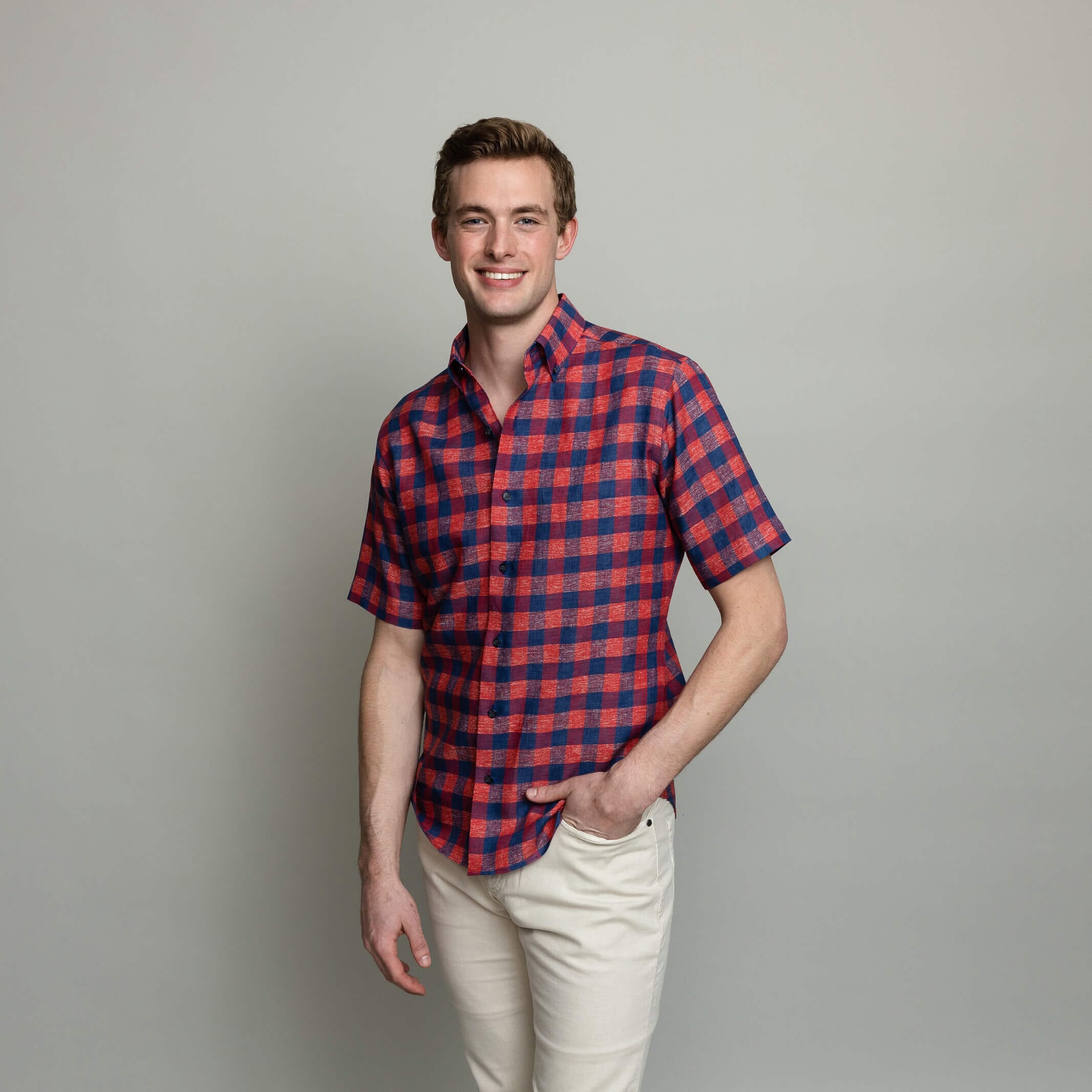 The Red Short Sleeve Frazier Linen Gingham Custom Shirt Custom Short Sleeve Shirt- Ledbury