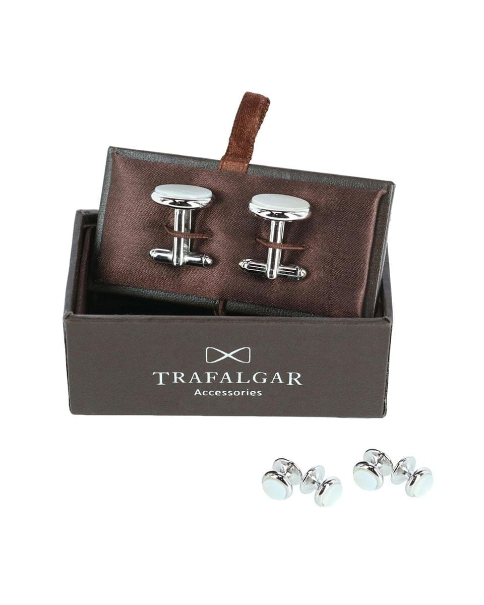 Trafalgar Sutton Round Mother of Pearl Stud & Cufflinks Formal Set Studs- Ledbury