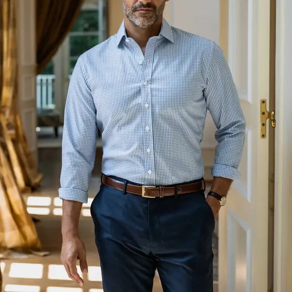Man wearing a light blue and white gingham non-iron shirt and navy chinos in an indoor setting