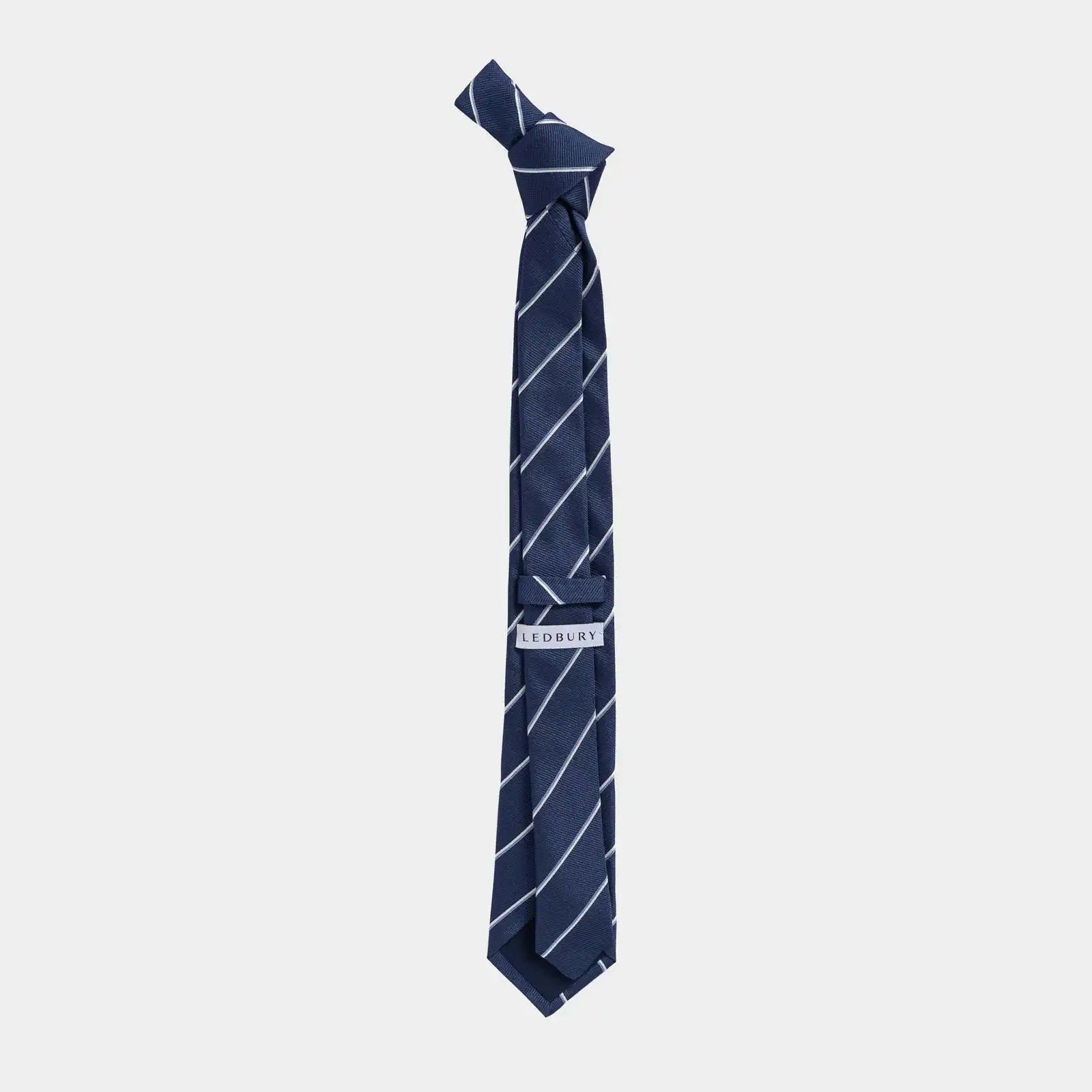 Back view of the Ledbury Navy Abate Stripe Silk Tie 