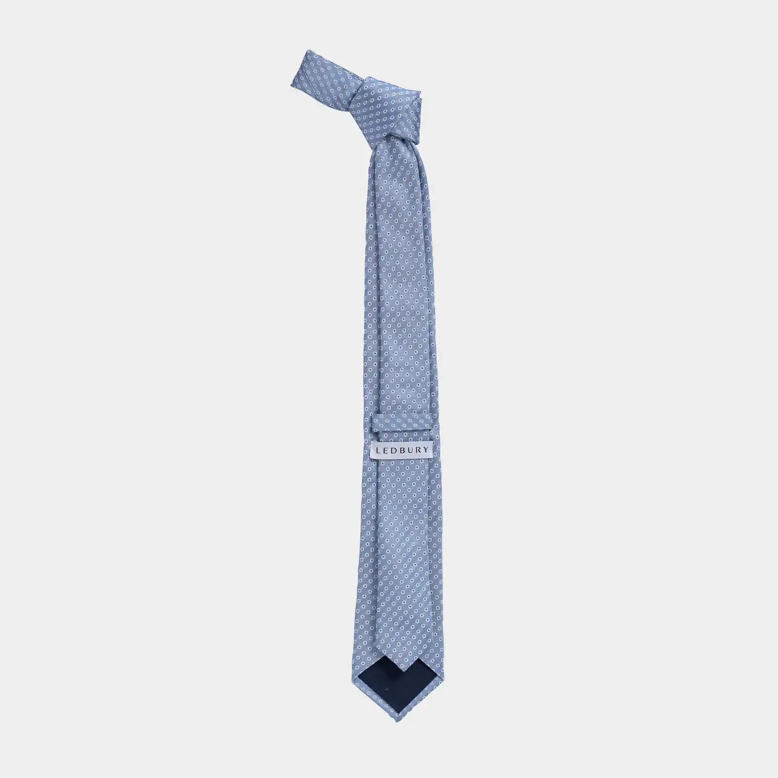 Ledbury Light Blue Fonda Dot Silk Tie back view detail – Made in Italy, 58 inches long