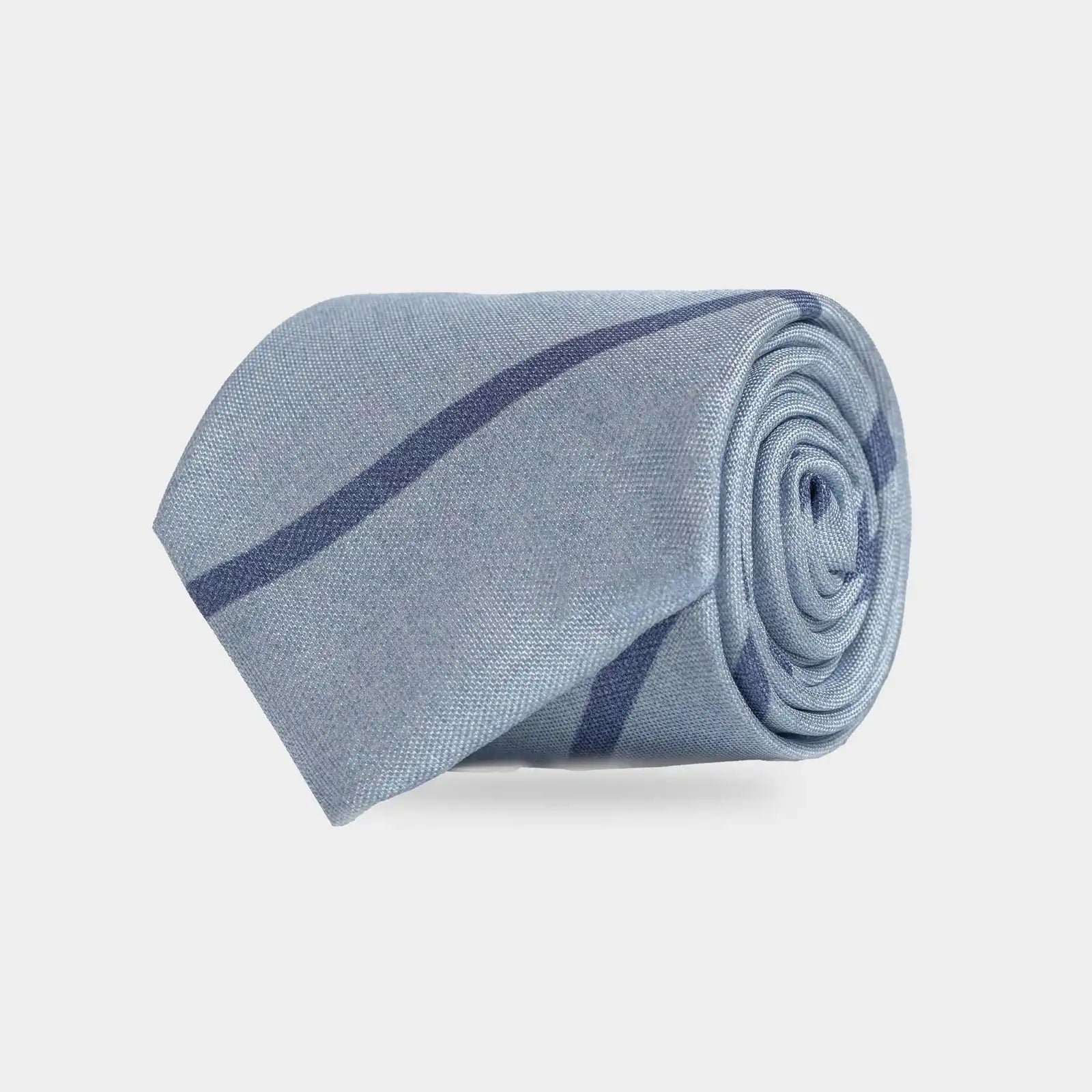 Light Blue Pesaro Stripe Silk Tie by Ledbury — 100% Italian silk satin, front view