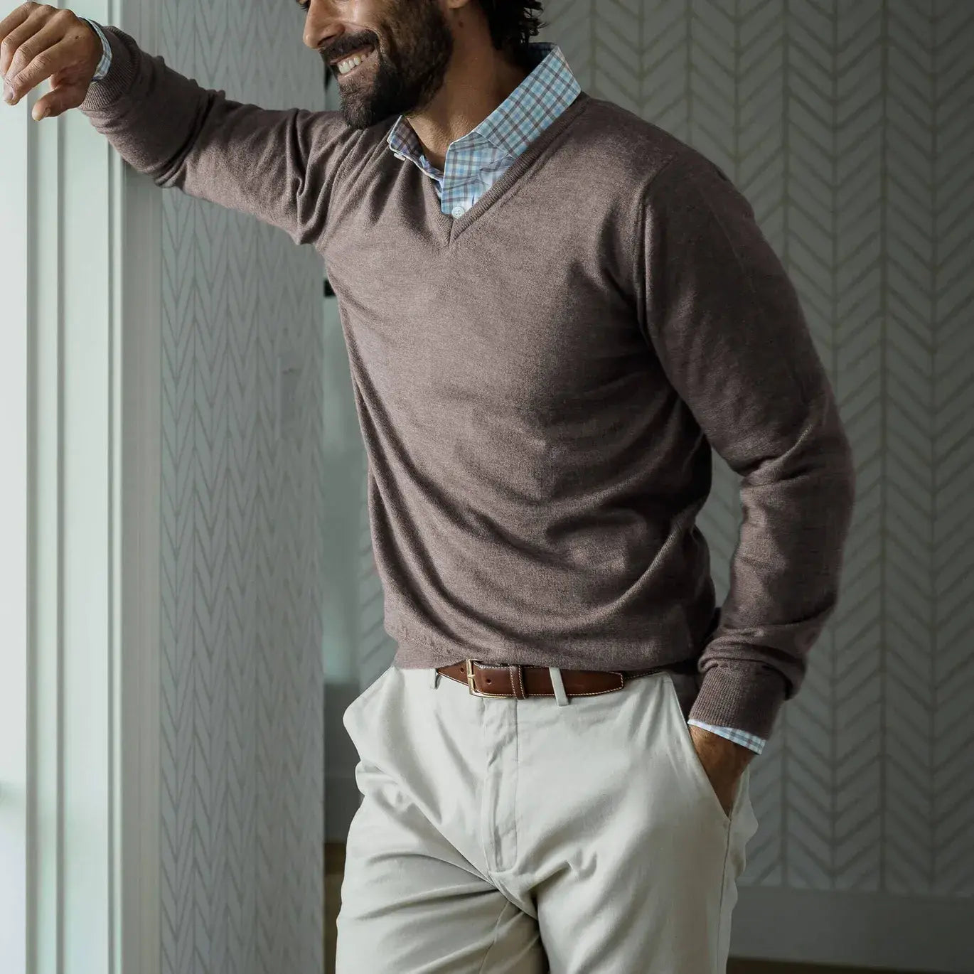 The Brown Heather Emmons V-Neck Sweater Sweater- Ledbury