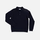 A dark navy blue ribbed knit polo sweater with a three-button placket, displayed flat against a light gray background.