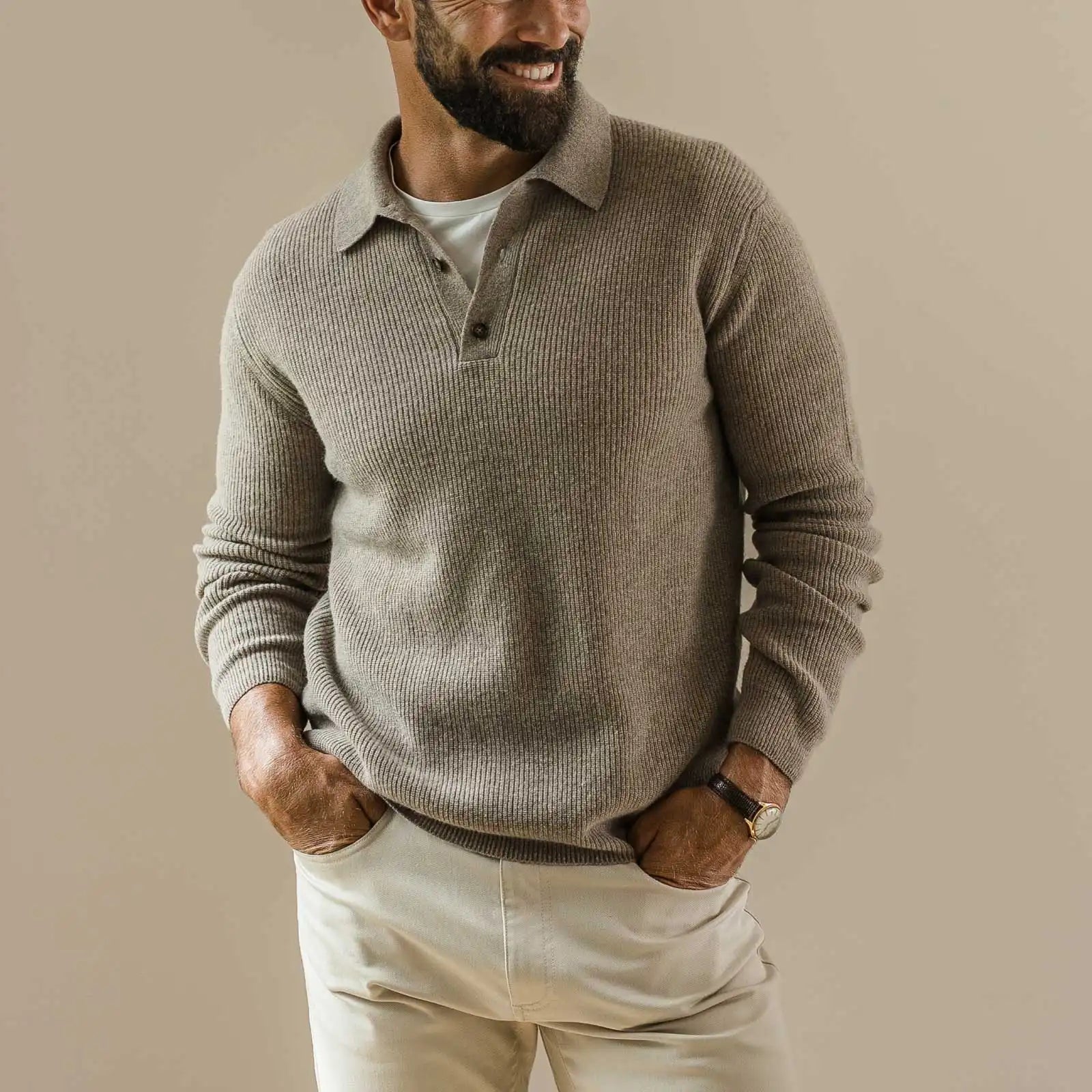 Model wearing a polo neck fine merino sweater with a white undershirt