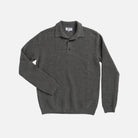 A dark gray ribbed knit polo sweater with a collar and two-button placket, displayed flat against a light gray background.