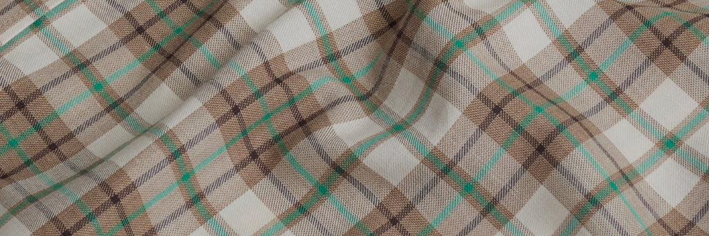 Close up of collar of the tan and and green Bradford Plaid shirt.