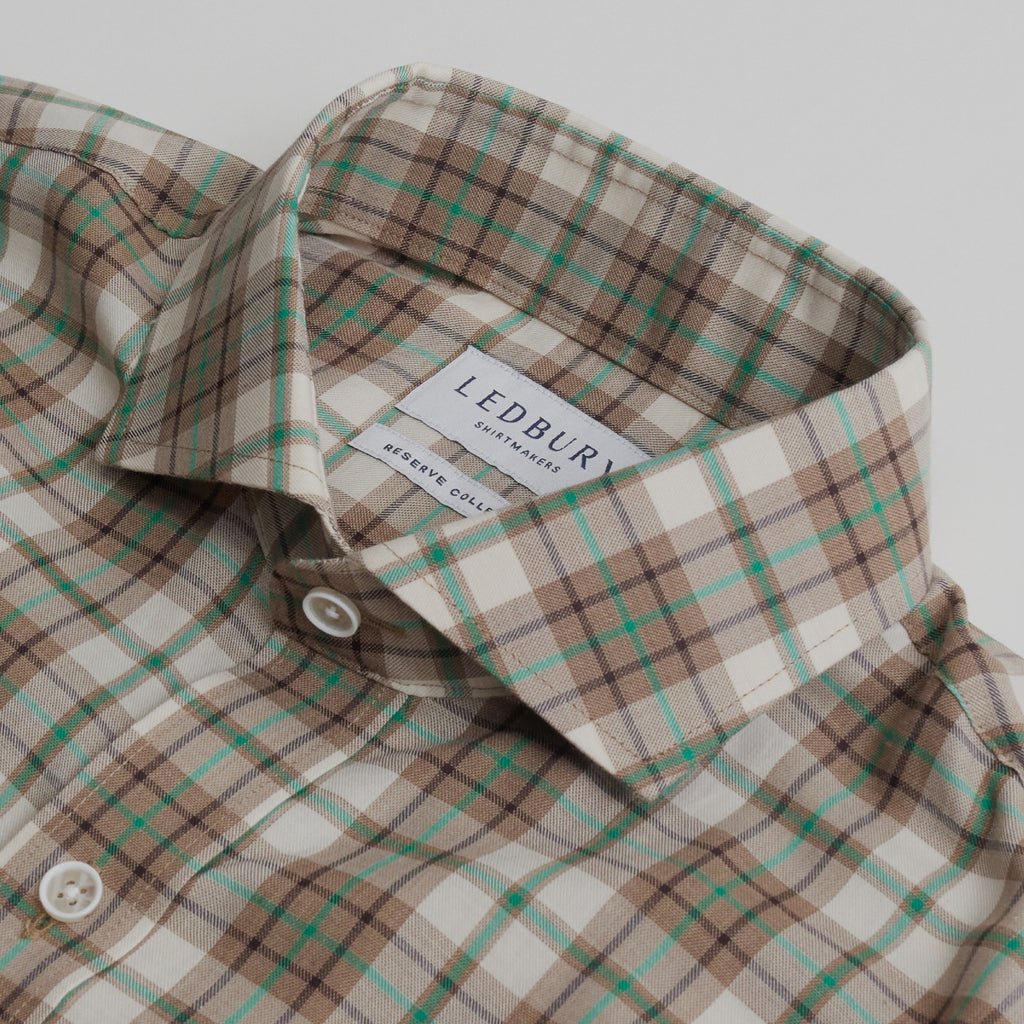 Close up of collar of the tan and and green Bradford Plaid shirt.