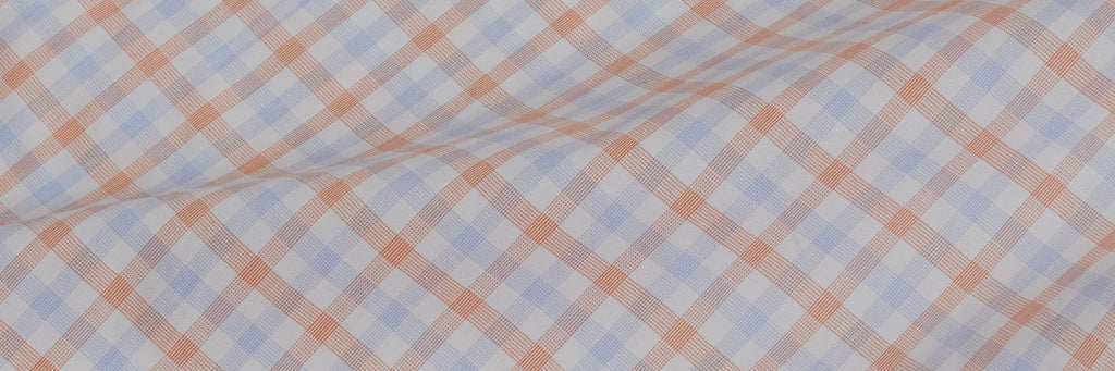Collar close up of the blue and orange Votta Check shirt.