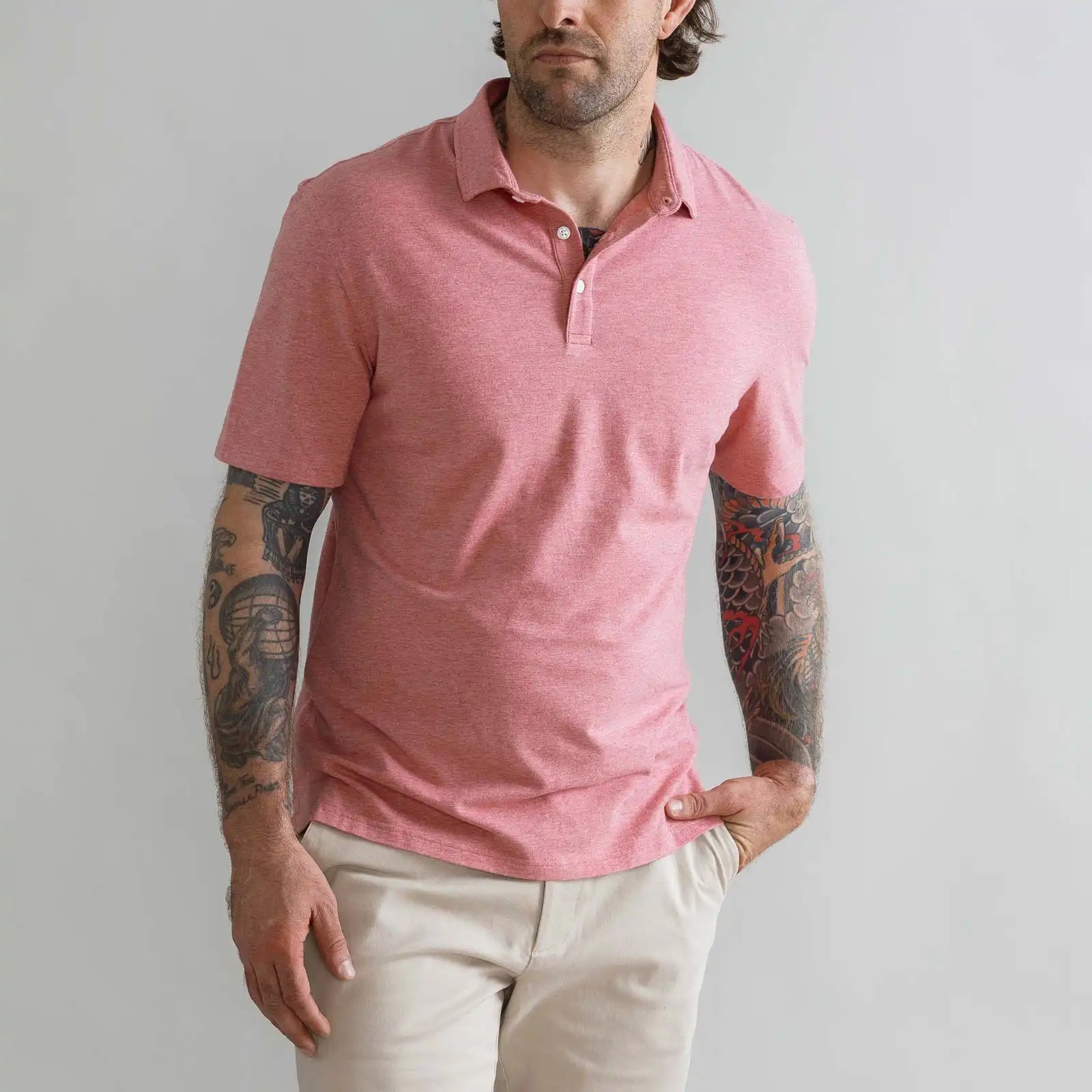 Model wearing the Ledbury Freeman Knit Custom Polo in Washed Red
