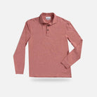 A long-sleeve polo shirt in a heathered red color, featuring a two-button placket and a classic collar, displayed flat against a light gray background.