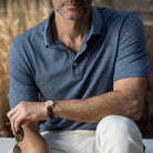 Lifestyle shot of the Ledbury Freeman Knit Custom Polo in Bay Blue
