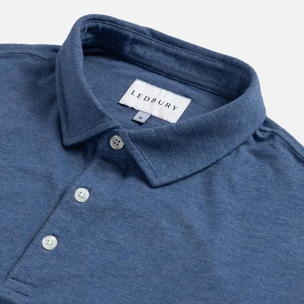Close-up of the collar on the Ledbury Freeman Knit Custom Polo in Blue
