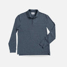 A dark slate blue long-sleeve polo shirt with a subtle textured pattern, laid flat against a light gray background.