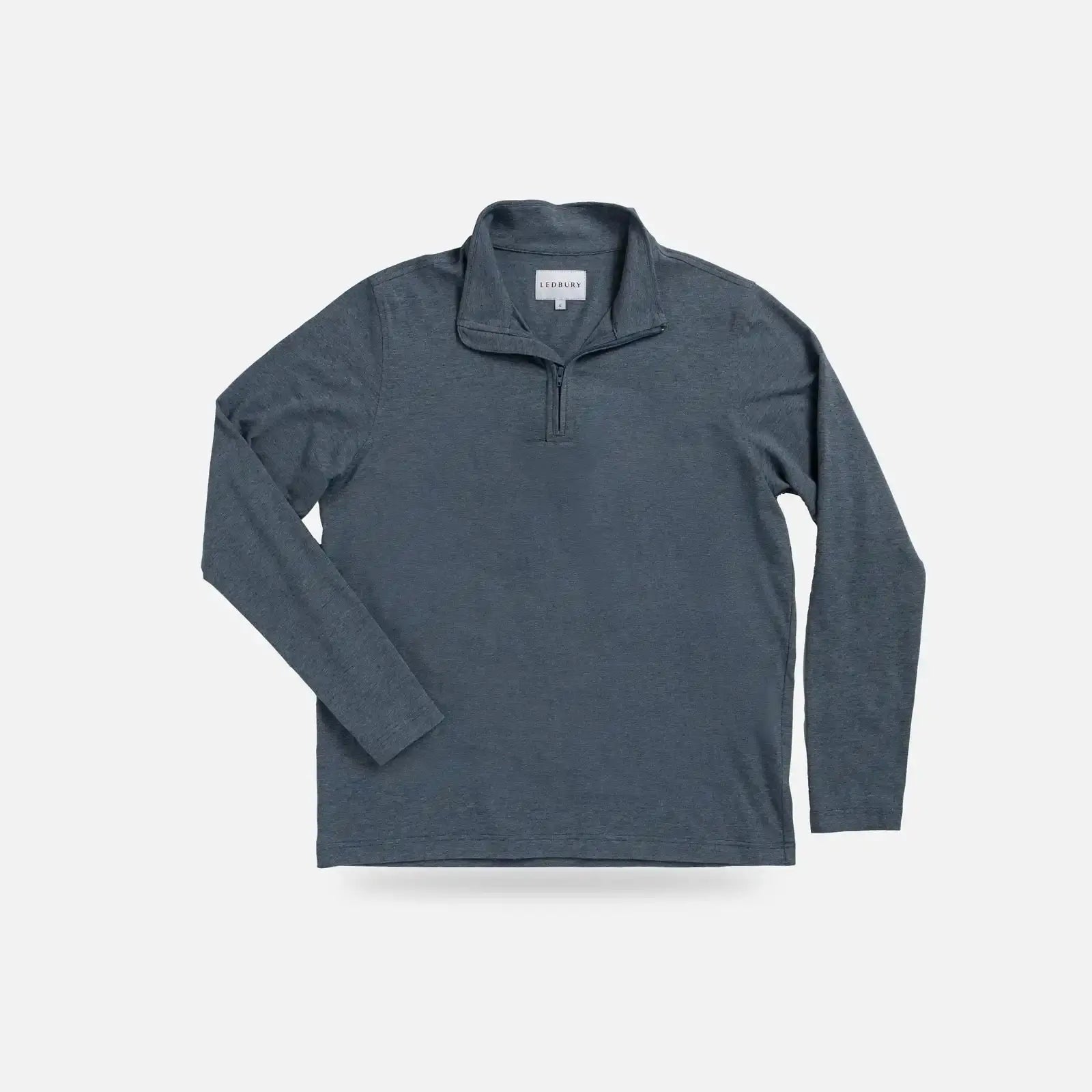 A heather blue long-sleeve quarter-zip pullover with a mock neck collar, displayed flat 