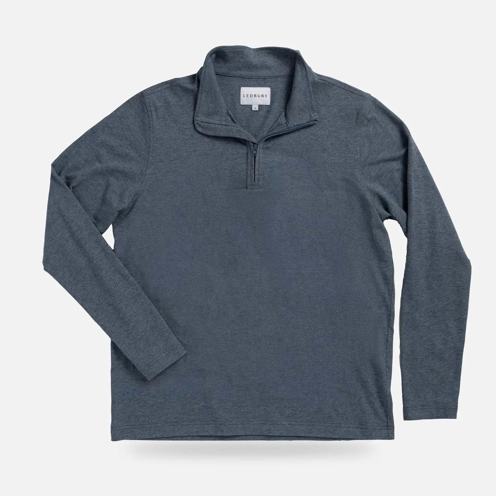 A heather blue long-sleeve quarter-zip pullover with a mock neck collar, displayed flat 