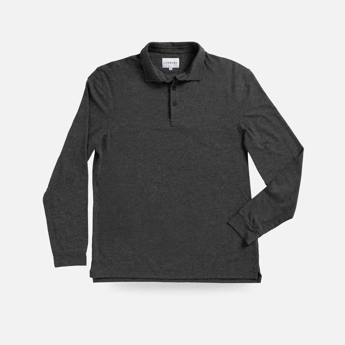 A dark heather gray long-sleeve polo shirt with a three-button placket, displayed flat against a light gray background.